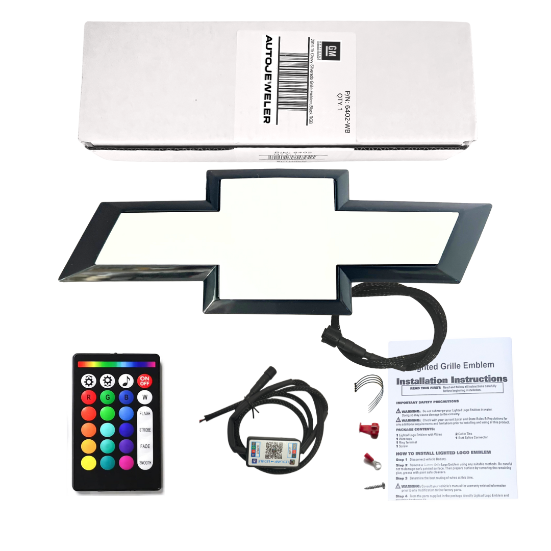 AutoJeweler RGB LED Chevy Silverado Bowtie Grille Emblem kit with packaging, remote, wiring harness, and installation instructions.