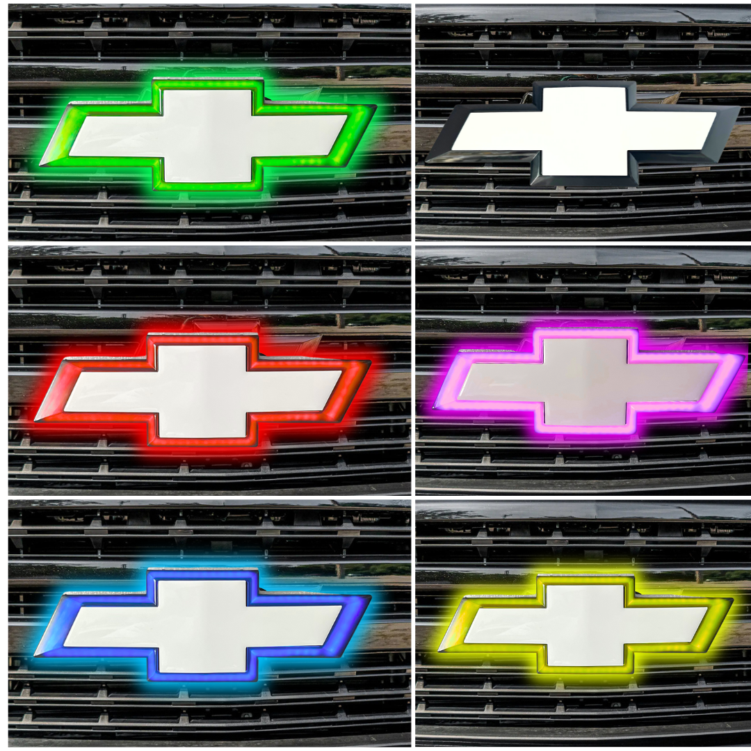 Chevy Silverado RGB LED Bowtie Grille Emblem illuminated in green, red, purple, blue, and yellow lighting modes.