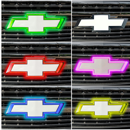 Chevy Silverado RGB LED Bowtie Grille Emblem illuminated in green, red, purple, blue, and yellow lighting modes.