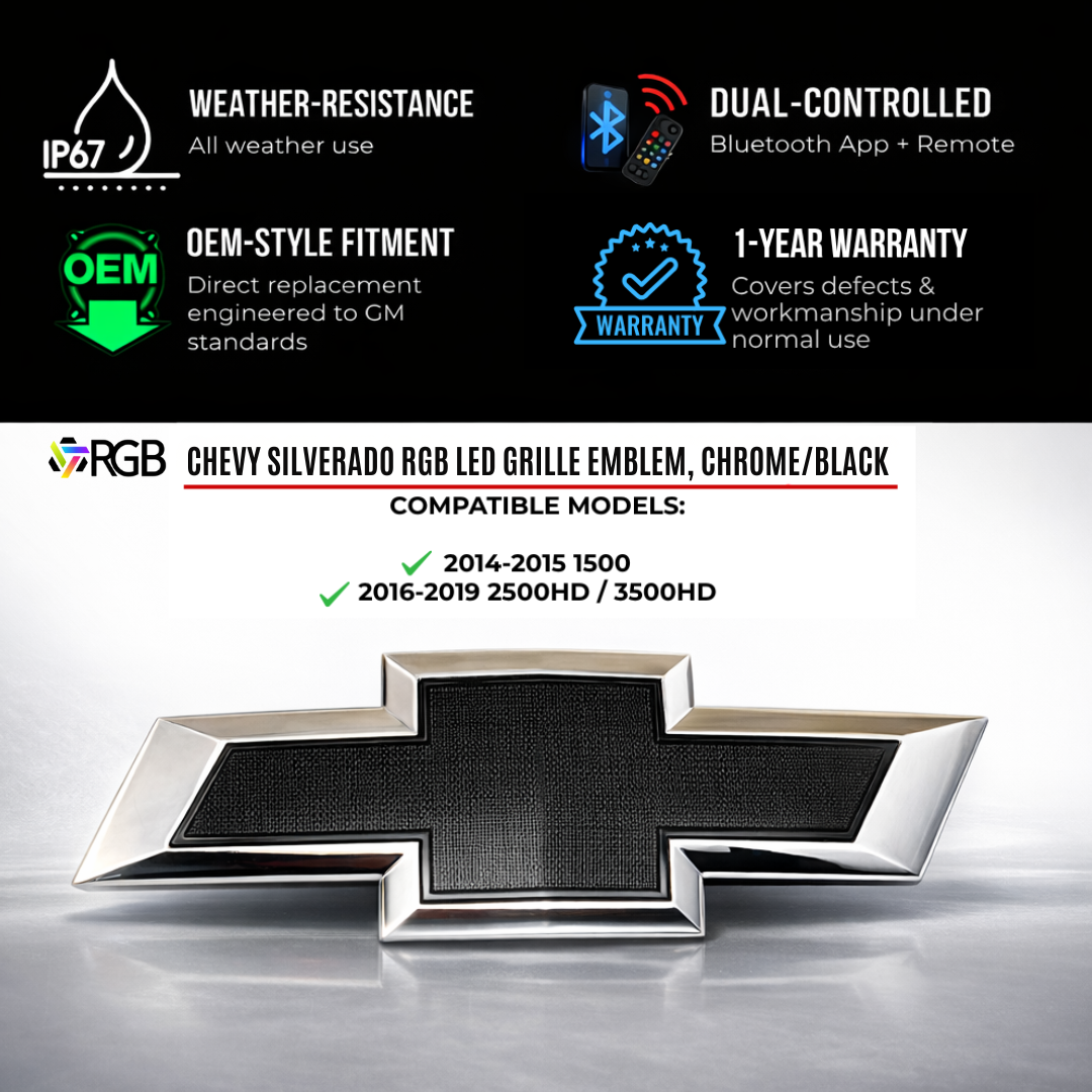 Chevy Silverado RGB LED grille emblem features showing IP67 weather resistance, Bluetooth app control, OEM fitment, and 1 year warranty
