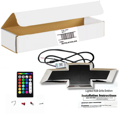 AutoJeweler Chevy Silverado RGB grille emblem kit including chrome black emblem, wiring harness, Bluetooth controller, remote, hardware, and box