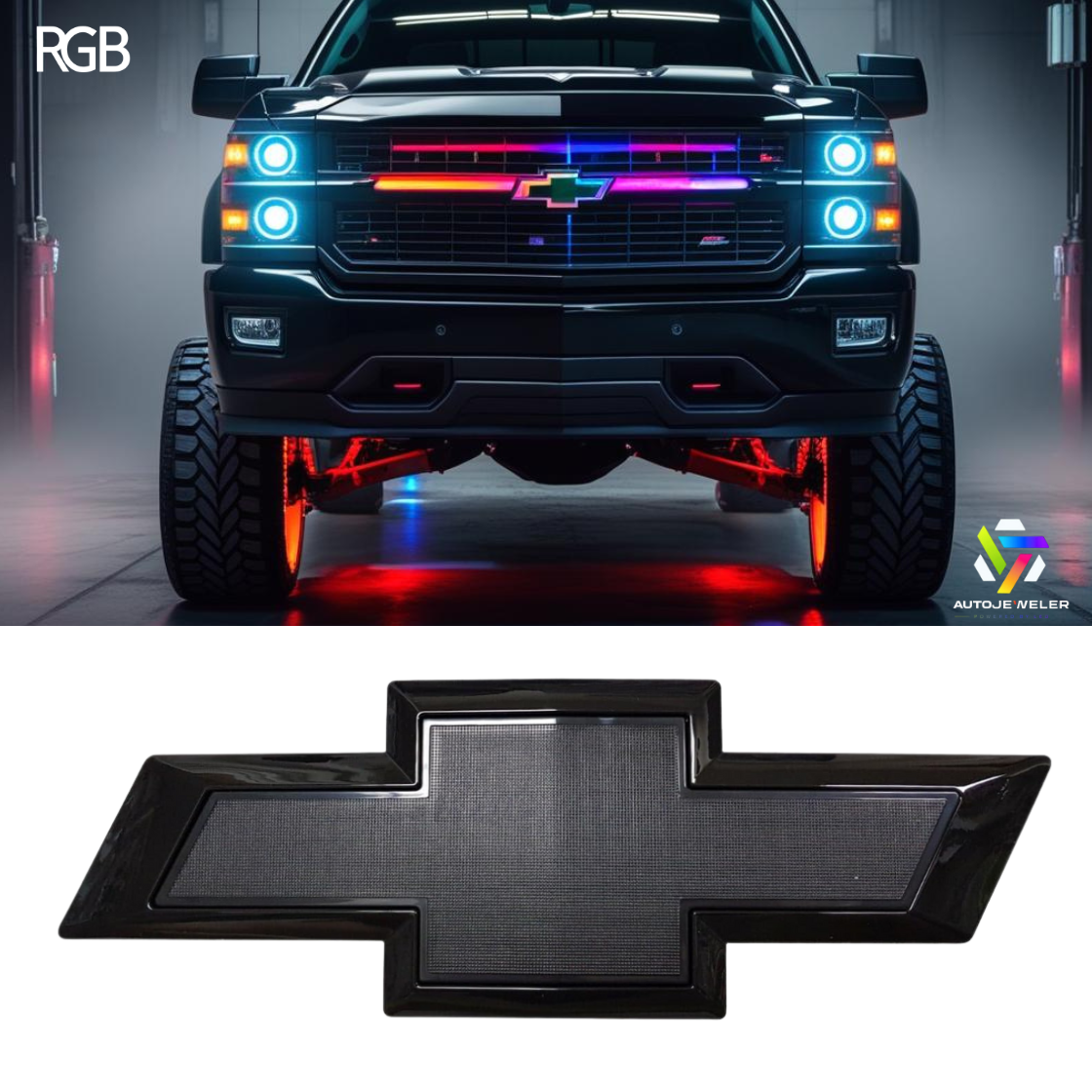 Front view of a Chevy Silverado with RGB LED illuminated grille emblem, custom lighting effects, and AutoJeweler branding – showcasing black bowtie emblem in dark garage setting