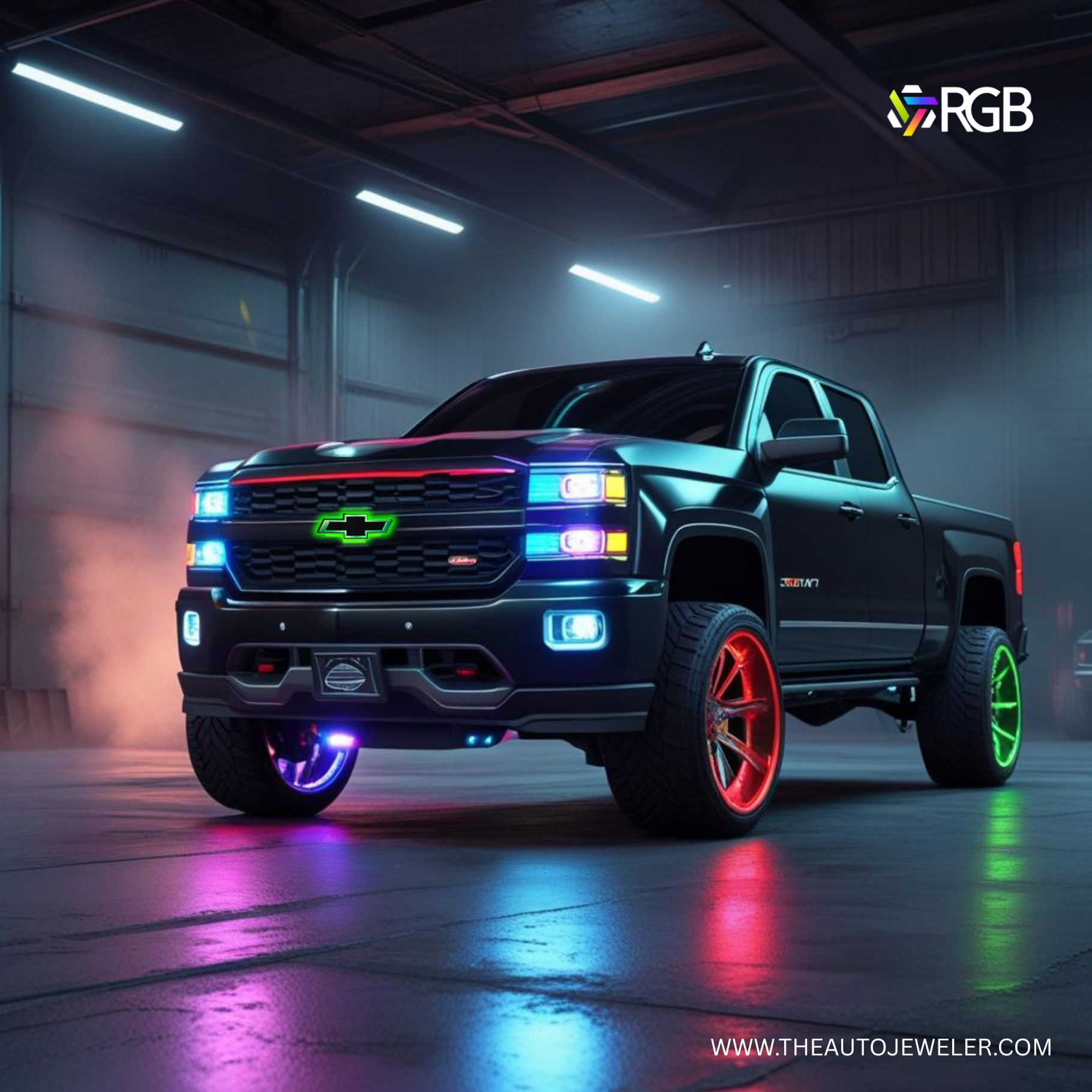 Black Chevy Silverado with RGB LED bowtie grille emblem, vibrant green glow, and AutoJeweler branding in a garage – theautojeweler.com