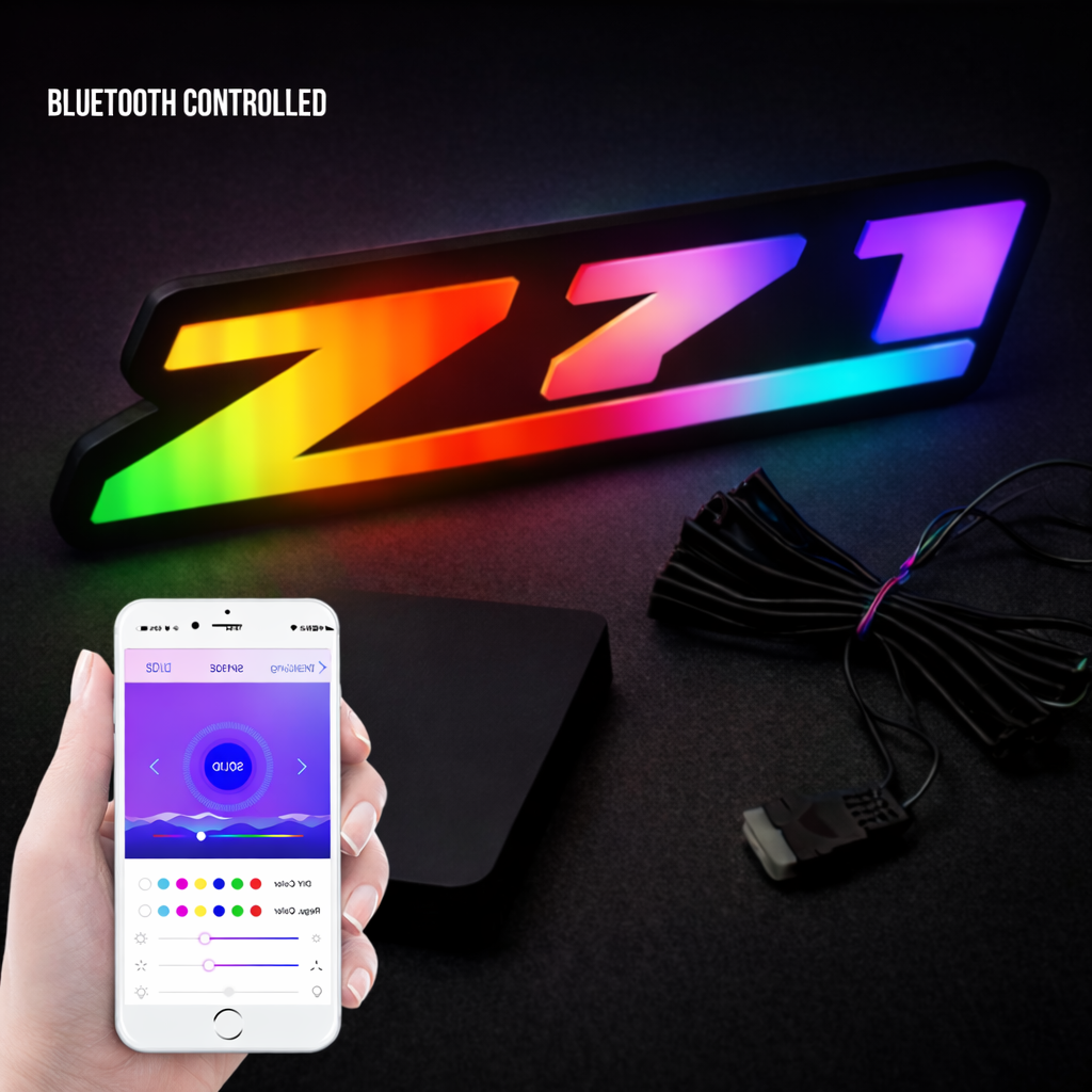 Chevy Z71 RGB Flow Series LED grille badge with Bluetooth app control showing multicolor flow lighting and smartphone color control interface