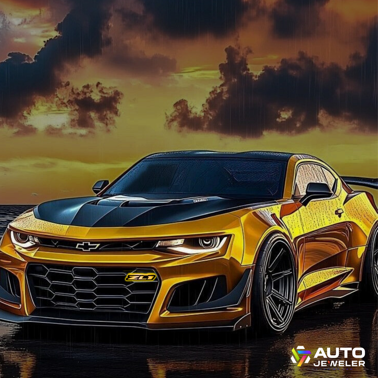 Metallic gold Chevy Camaro ZL1 with yellow RGBW Flow Series LED grille emblem by AutoJeweler