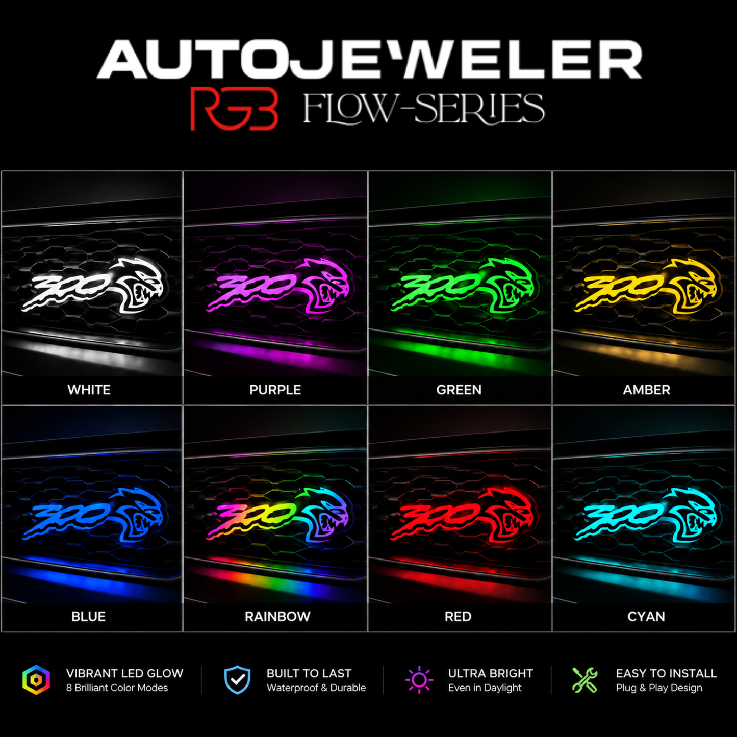 300 Hellcat V2 Style Flow Series LED grille emblem showing white, purple, green, amber, blue, rainbow, red, and cyan lighting modes for Chrysler 300 custom builds.