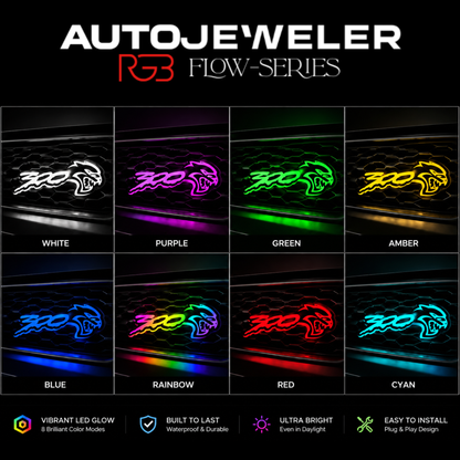 300 Hellcat V2 Style Flow Series LED grille emblem showing white, purple, green, amber, blue, rainbow, red, and cyan lighting modes for Chrysler 300 custom builds.