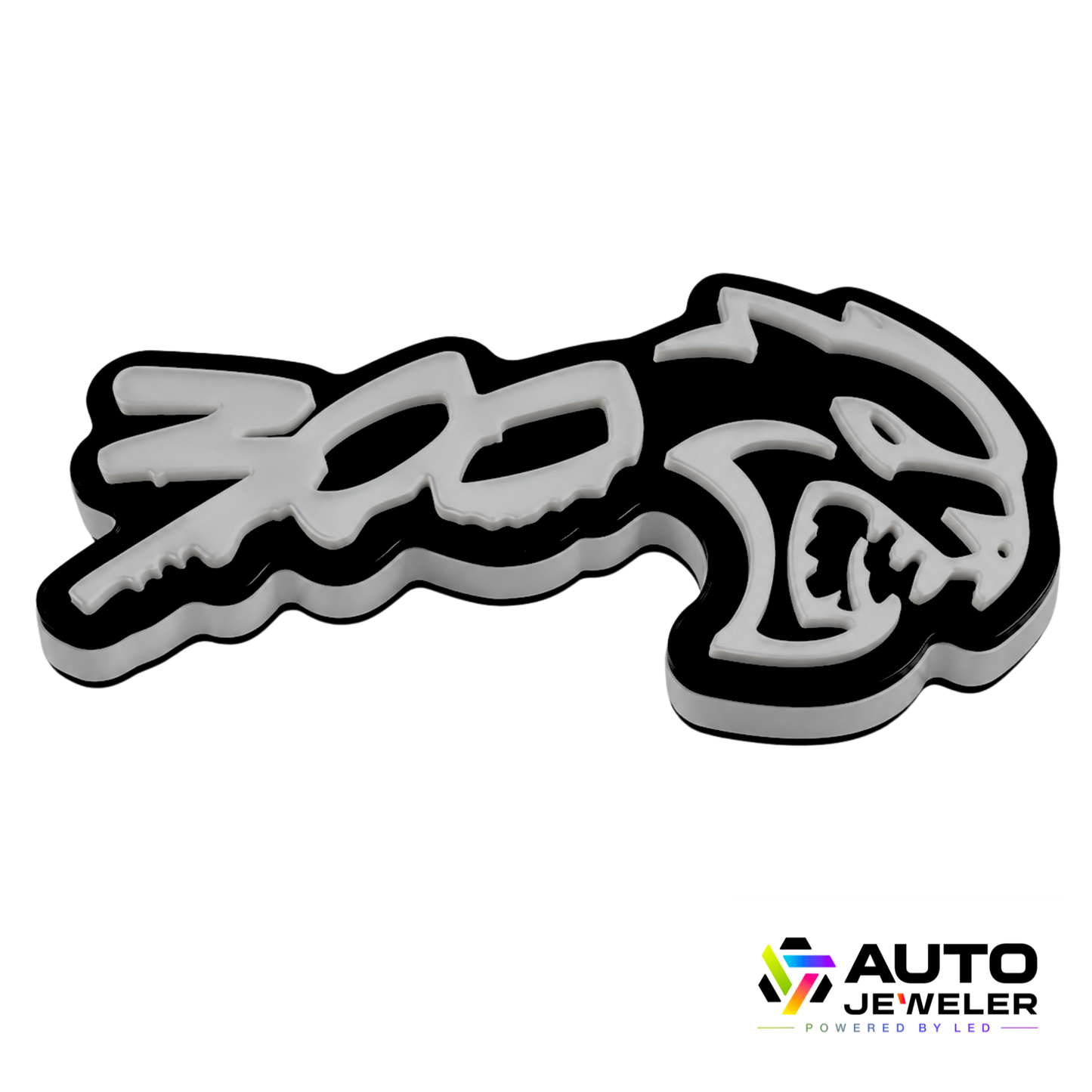 300 Hellcat V2 Style RGB Flow Series LED grille emblem for Chrysler 300 shown on a white background with black acrylic base and raised white design.
