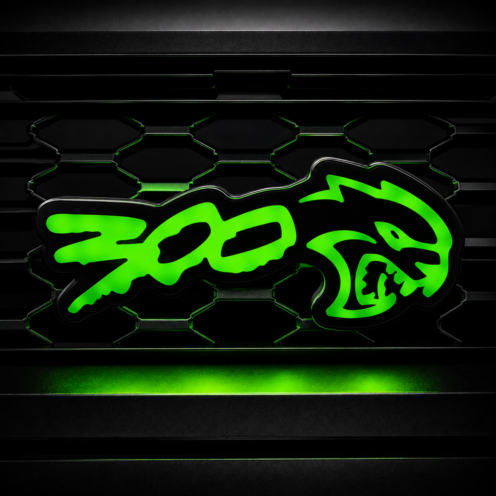300 Hellcat V2 Style Flow Series LED grille emblem glowing green on a black mesh grille for Chrysler 300 custom builds.
