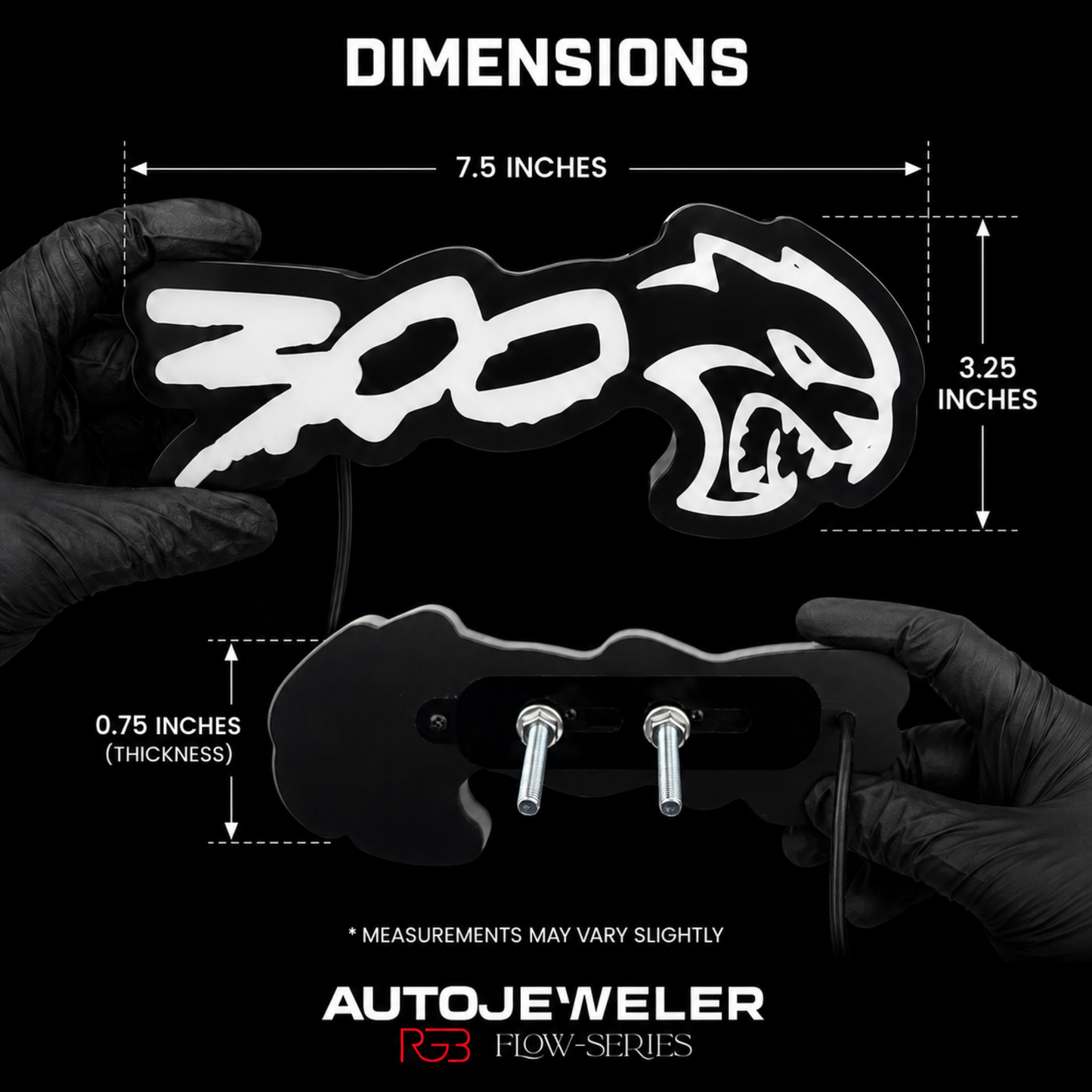 300 Hellcat V2 Style LED grille emblem dimensions showing 7.5 inches wide, 3.25 inches tall, and 0.75 inch thickness with rear mounting hardware.