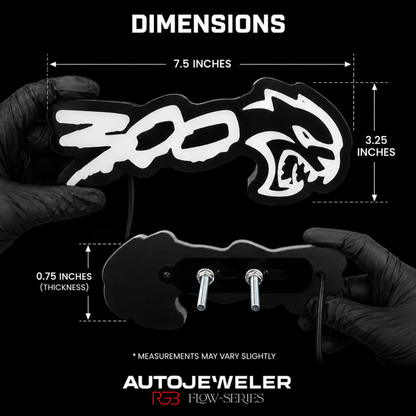 300 Hellcat V2 Style LED grille emblem dimensions showing 7.5 inches wide, 3.25 inches tall, and 0.75 inch thickness with rear mounting hardware.
