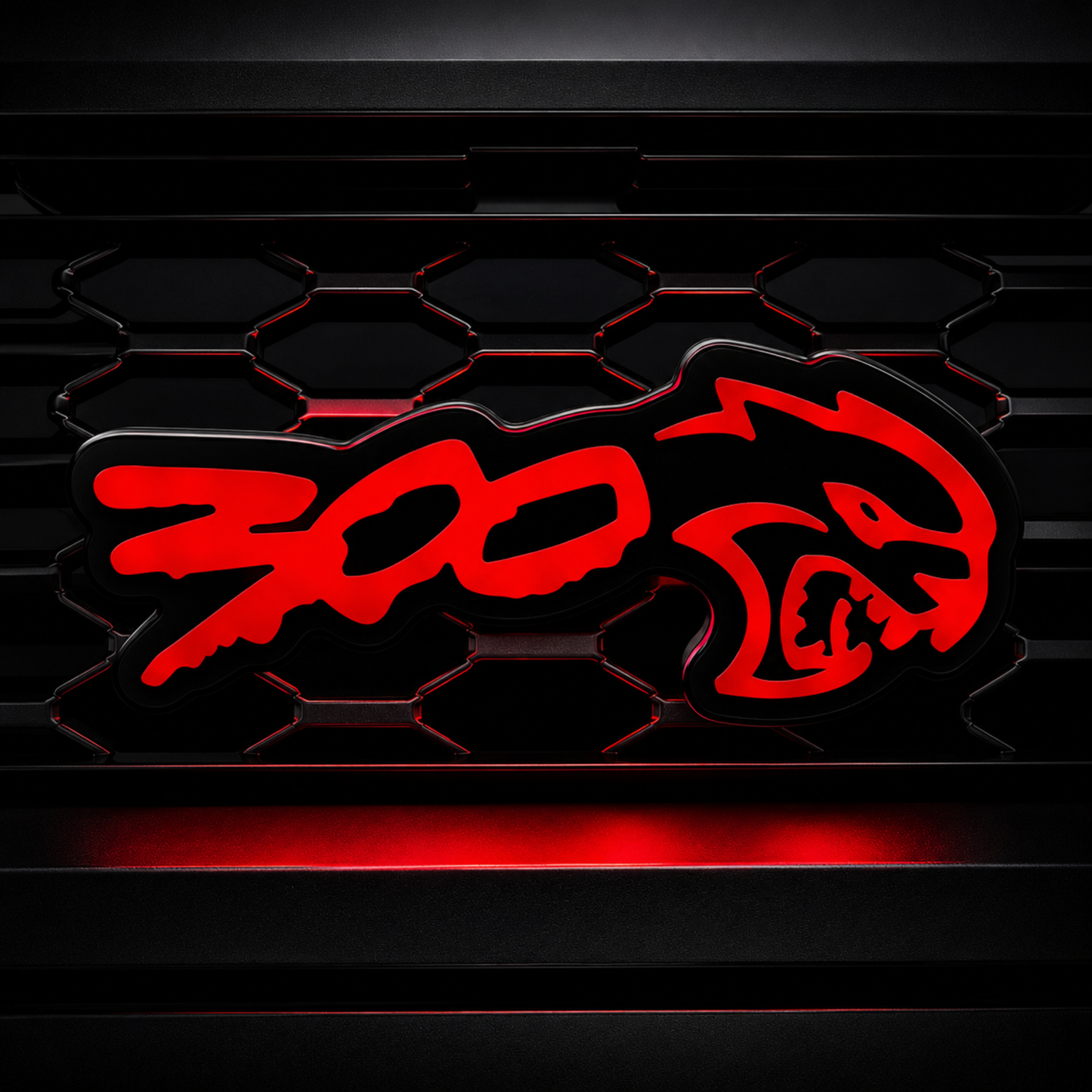 300 Hellcat V2 Style Flow Series LED grille emblem glowing red on a black mesh grille for Chrysler 300 custom builds.