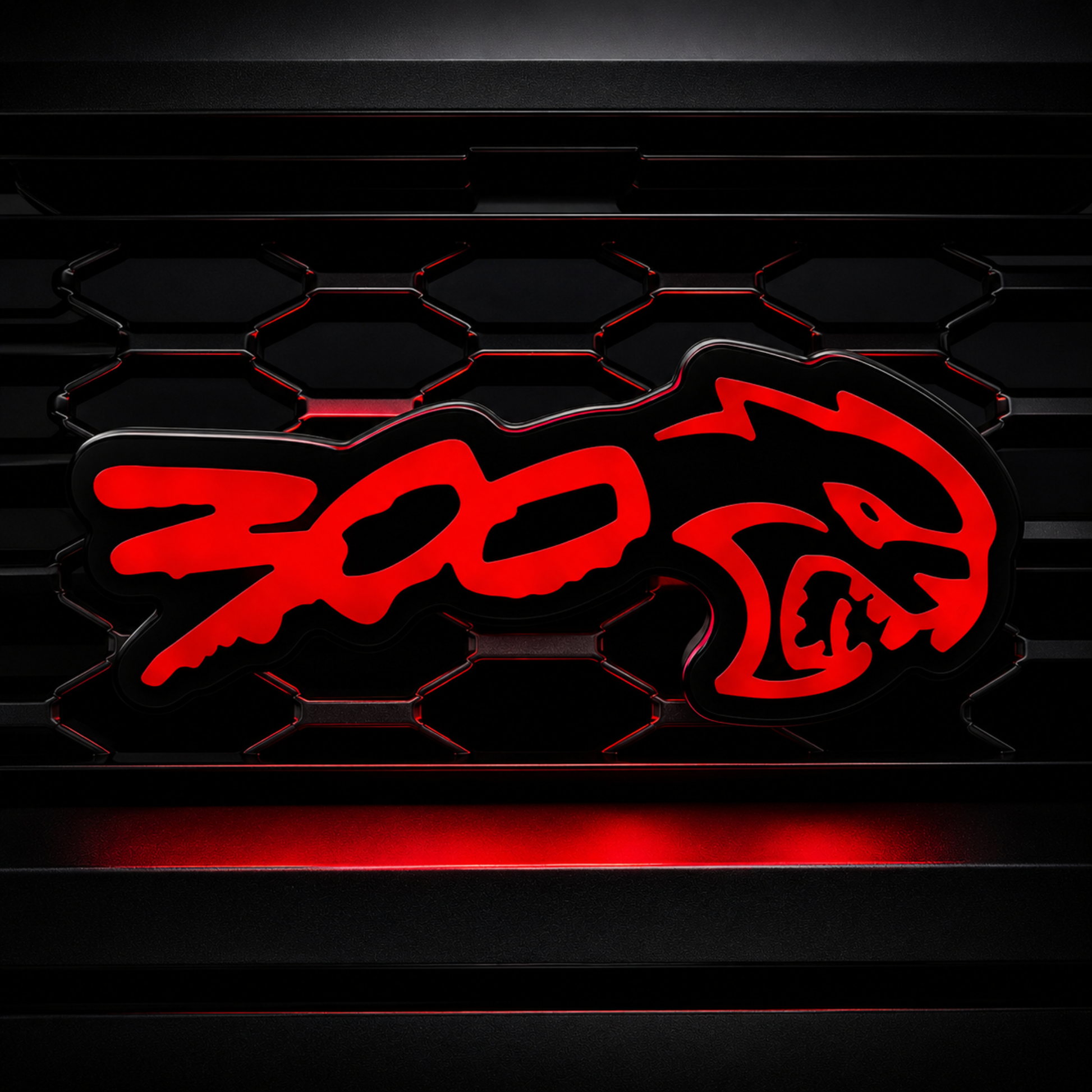 300 Hellcat V2 Style Flow Series LED grille emblem glowing red on a black mesh grille for Chrysler 300 custom builds.