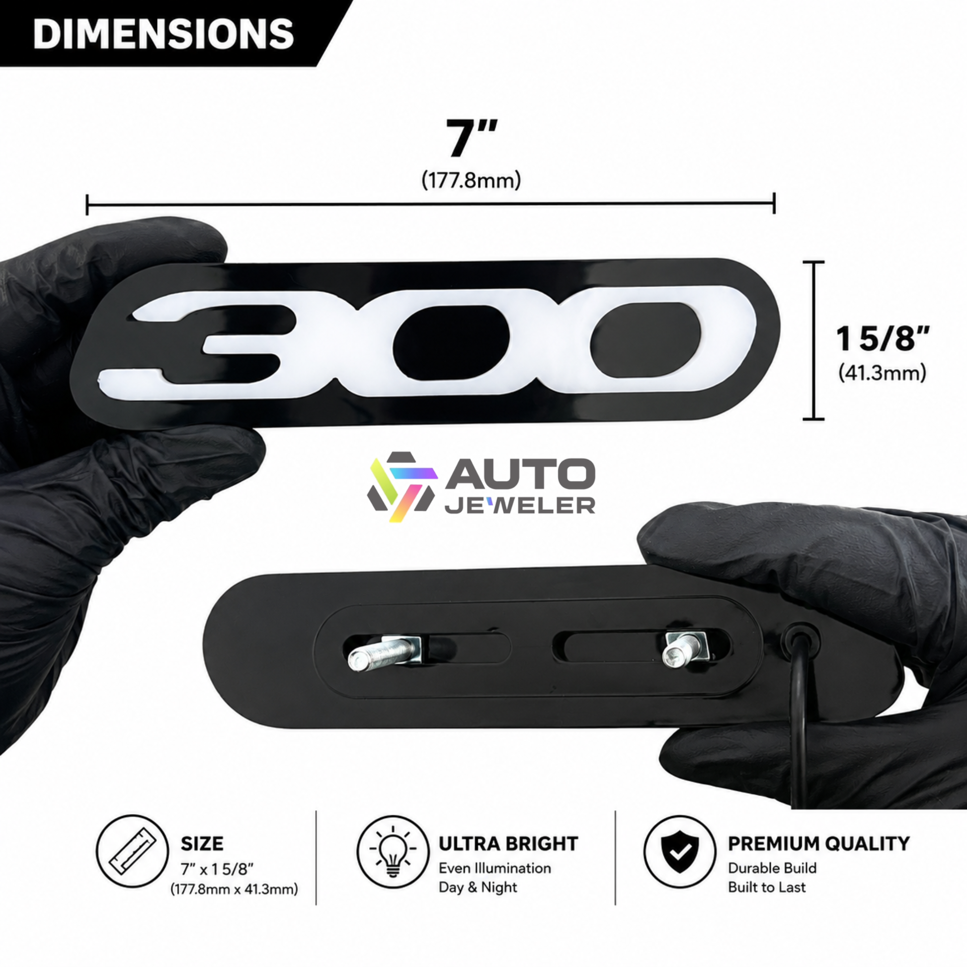 Chrysler 300 LED grille emblem dimensions guide showing overall size, mounting bracket design, gloss black acrylic construction, and installation hardware measurements.