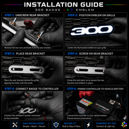 Step-by-step installation guide for the Chrysler 300 RGB Flow Series LED grille emblem showing rear bracket mounting, grille placement, controller connection, and vehicle battery wiring for plug-and-play installation.