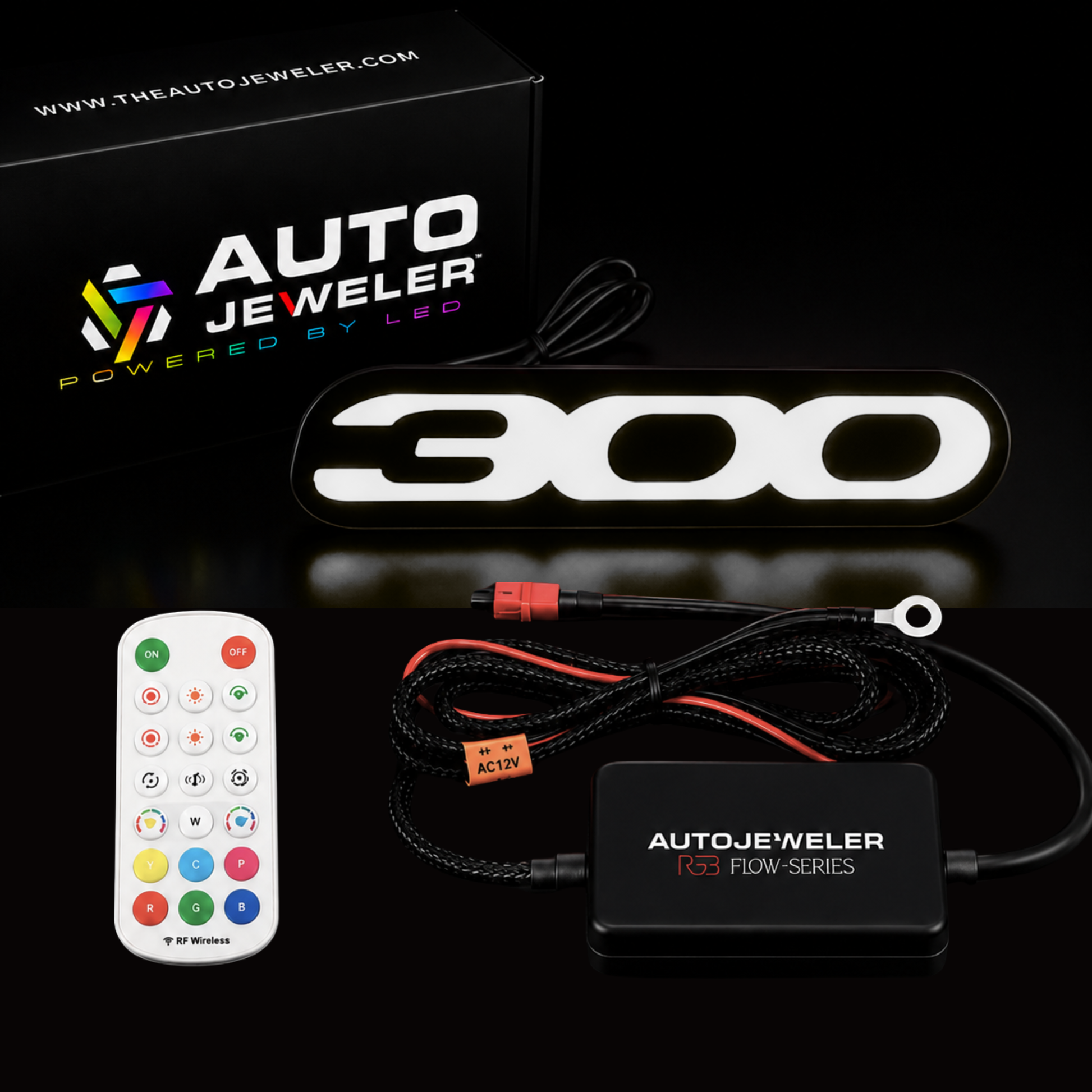 Complete package contents for Chrysler 300 RGB Flow Series LED grille emblem including illuminated 300 badge, AutoJeweler R3 Flow Series controller, RF remote control, wiring harness, and branded packaging.
