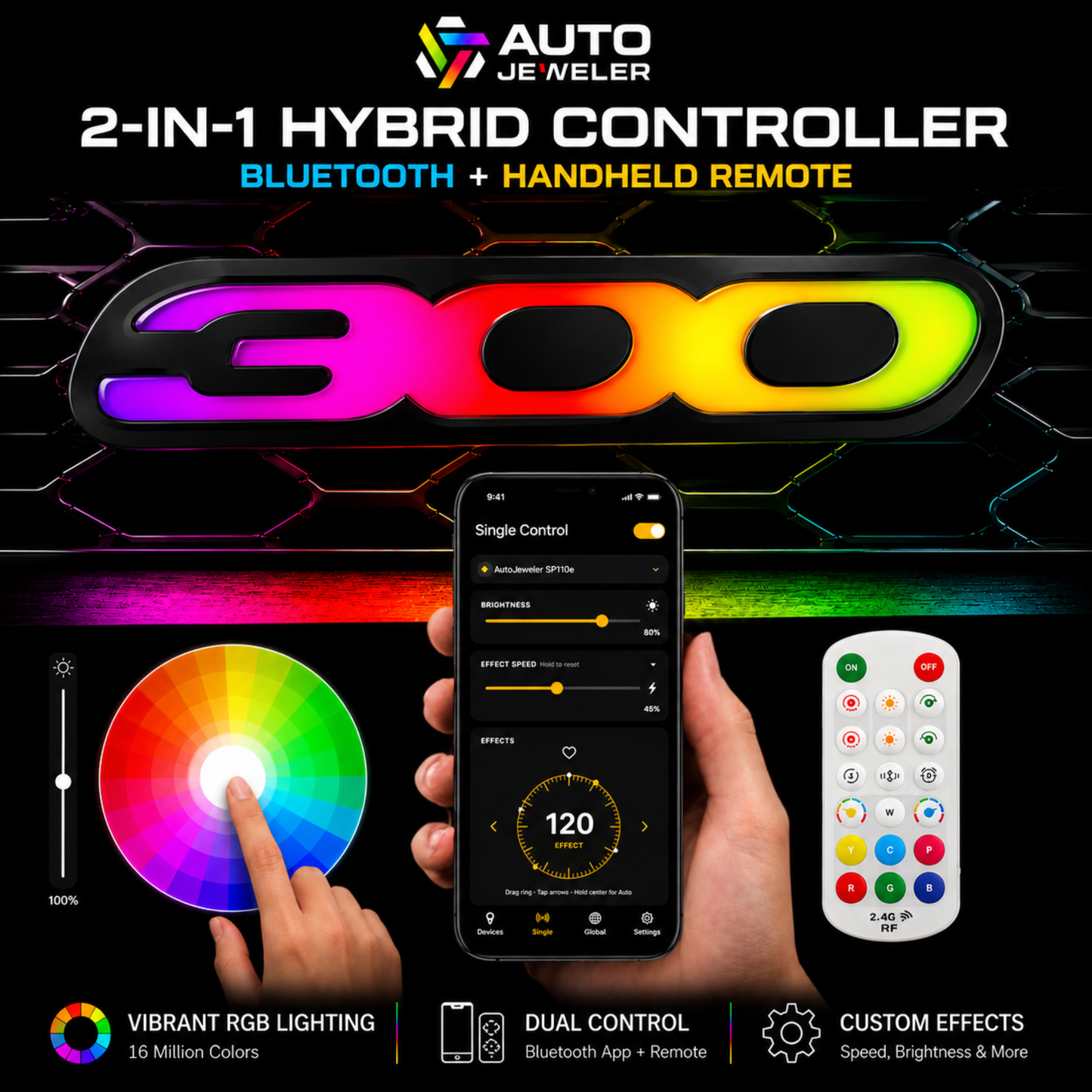 AutoJeweler Chrysler 300 RGB Flow Series LED emblem controlled by Bluetooth smartphone app and RF handheld remote featuring color selection, brightness adjustment, and animated lighting effects.