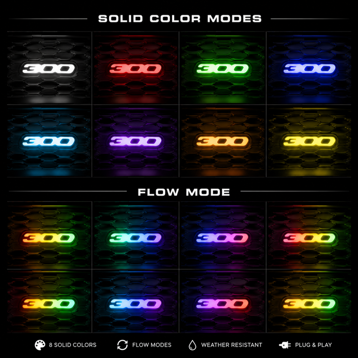 Chrysler 300 RGB Flow Series LED emblem displaying multiple solid color modes and animated flow effects including white, red, green, blue, purple, yellow, cyan, and multicolor chasing patterns.