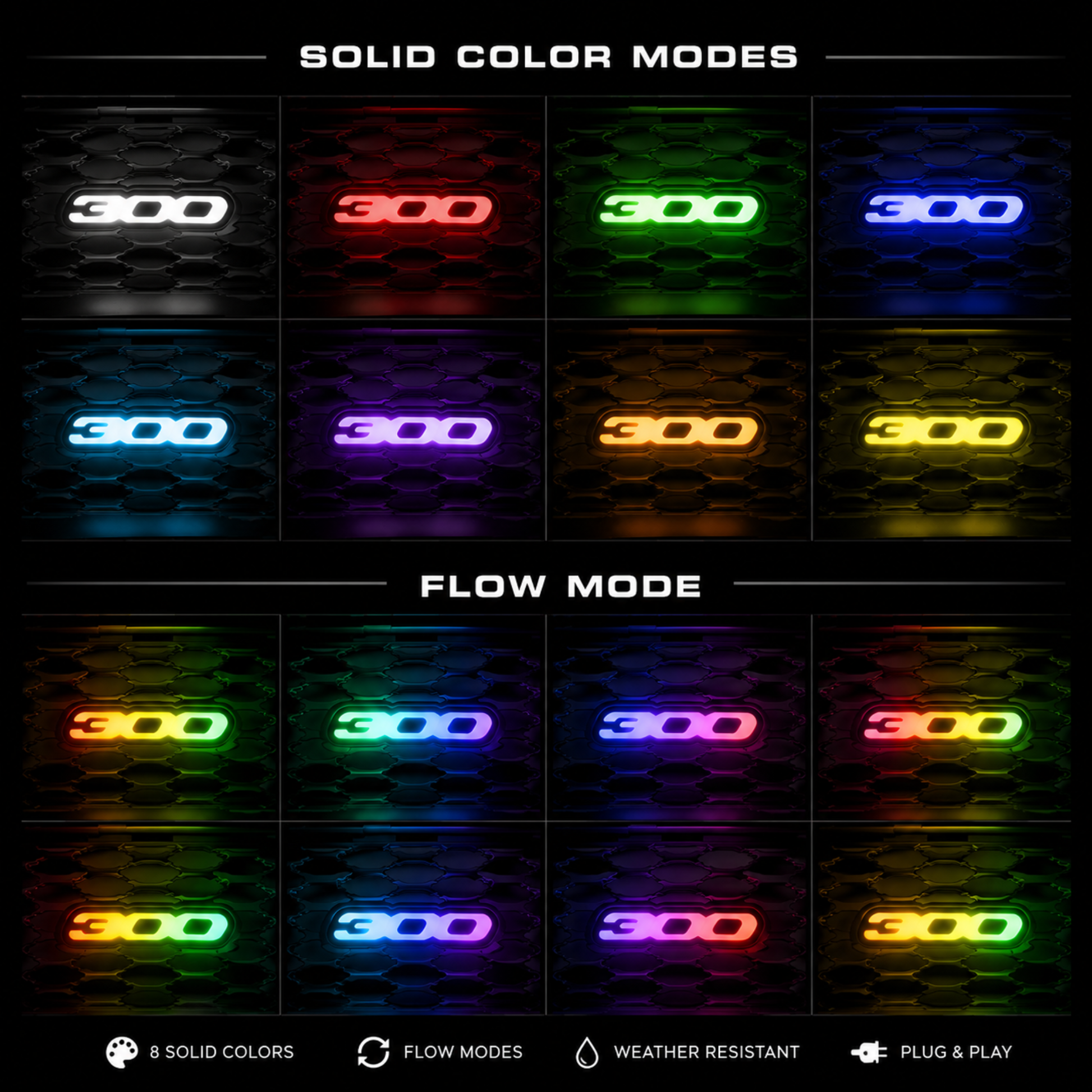 Chrysler 300 RGB Flow Series LED emblem displaying multiple solid color modes and animated flow effects including white, red, green, blue, purple, yellow, cyan, and multicolor chasing patterns.
