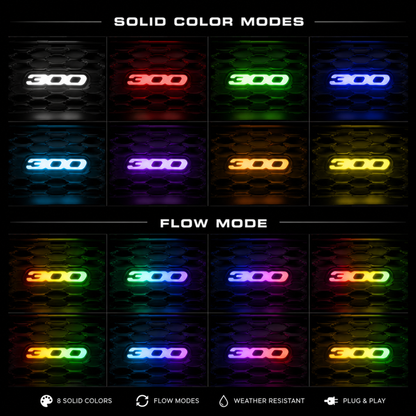 Chrysler 300 RGB Flow Series LED emblem displaying multiple solid color modes and animated flow effects including white, red, green, blue, purple, yellow, cyan, and multicolor chasing patterns.
