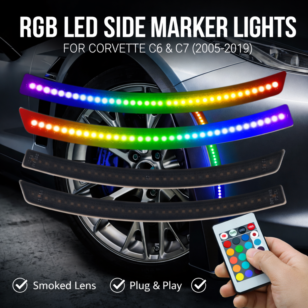 RGB LED side marker light kit for Chevrolet Corvette C6 and C7 (2005–2019) showing smoked lens markers with multicolor RGB lighting and handheld remote control