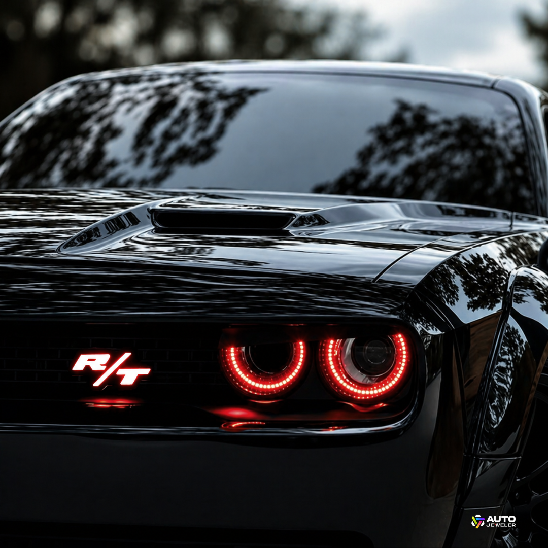 Dodge Challenger R/T front view with red LED grille emblem and halo headlights illuminated, showcasing custom automotive lighting upgrade by AutoJeweler