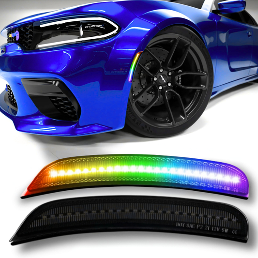 RGB LED side marker lights installed on blue Dodge Charger 2015–2023 with smoked lens and rainbow color display