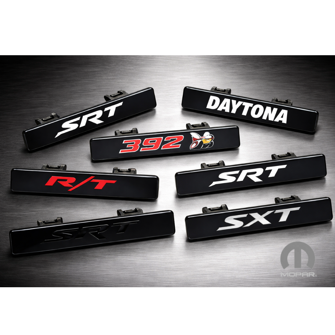 Interior dash emblem badges for Dodge Charger including SRT, R/T, 392, Daytona and SXT trims arranged together