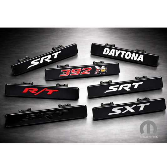 Interior dash emblem badges for Dodge Charger including SRT, R/T, 392, Daytona and SXT trims arranged together