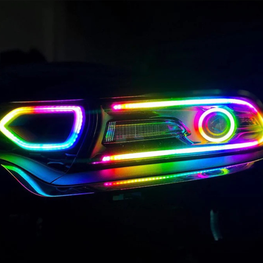 Dodge Charger RGB Flow Series custom headlights with multicolor LED halo lighting