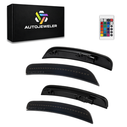 Complete Dodge Charger RGB LED side marker light kit including smoked front and rear markers, remote control, and AutoJeweler packaging