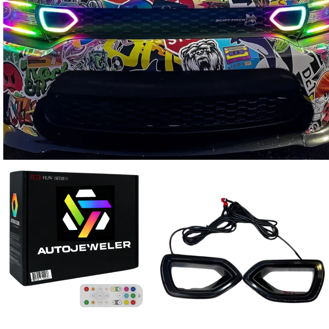 RGB LED snorkel grille lights installed on Dodge Charger front grille