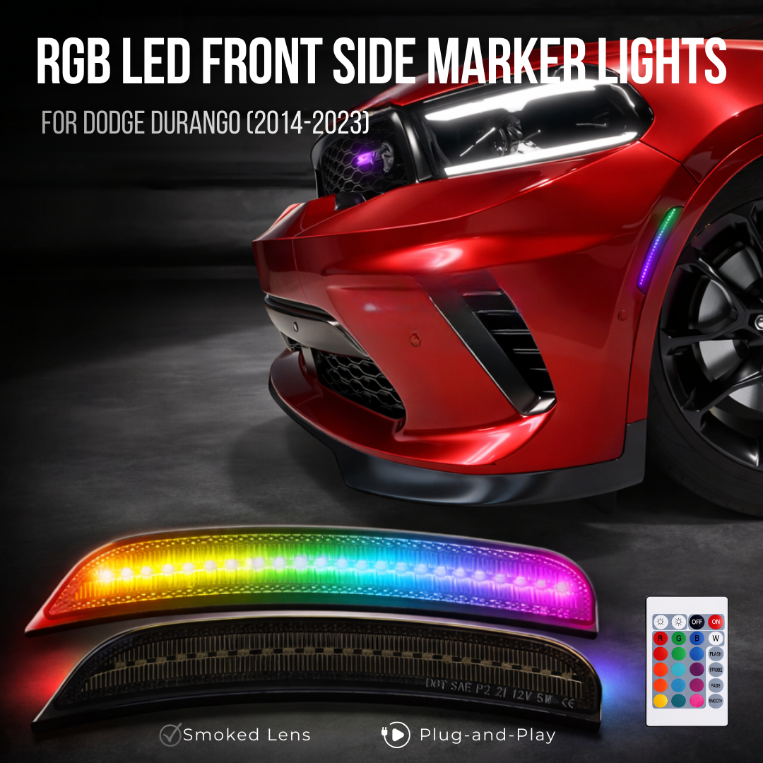 RGB LED front side marker lights installed on red Dodge Durango 2014–2023 with smoked lens and multicolor illumination