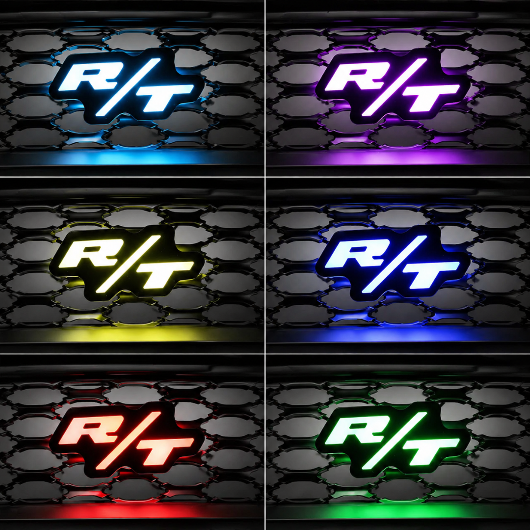 Dodge R/T RGB LED grille emblem showing multiple color modes including blue, purple, yellow, red, and green on honeycomb grille, AutoJeweler Flow Series lighting upgrade