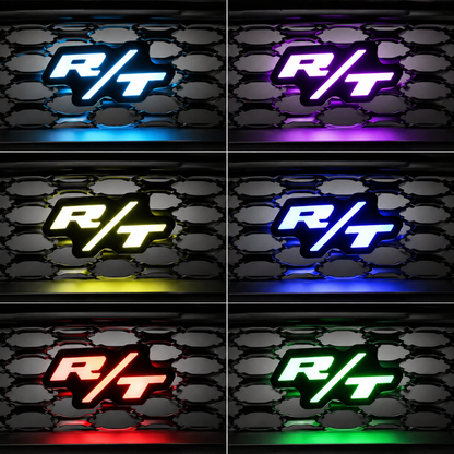 Dodge R/T RGB LED grille emblem showing multiple color modes including blue, purple, yellow, red, and green on honeycomb grille, AutoJeweler Flow Series lighting upgrade