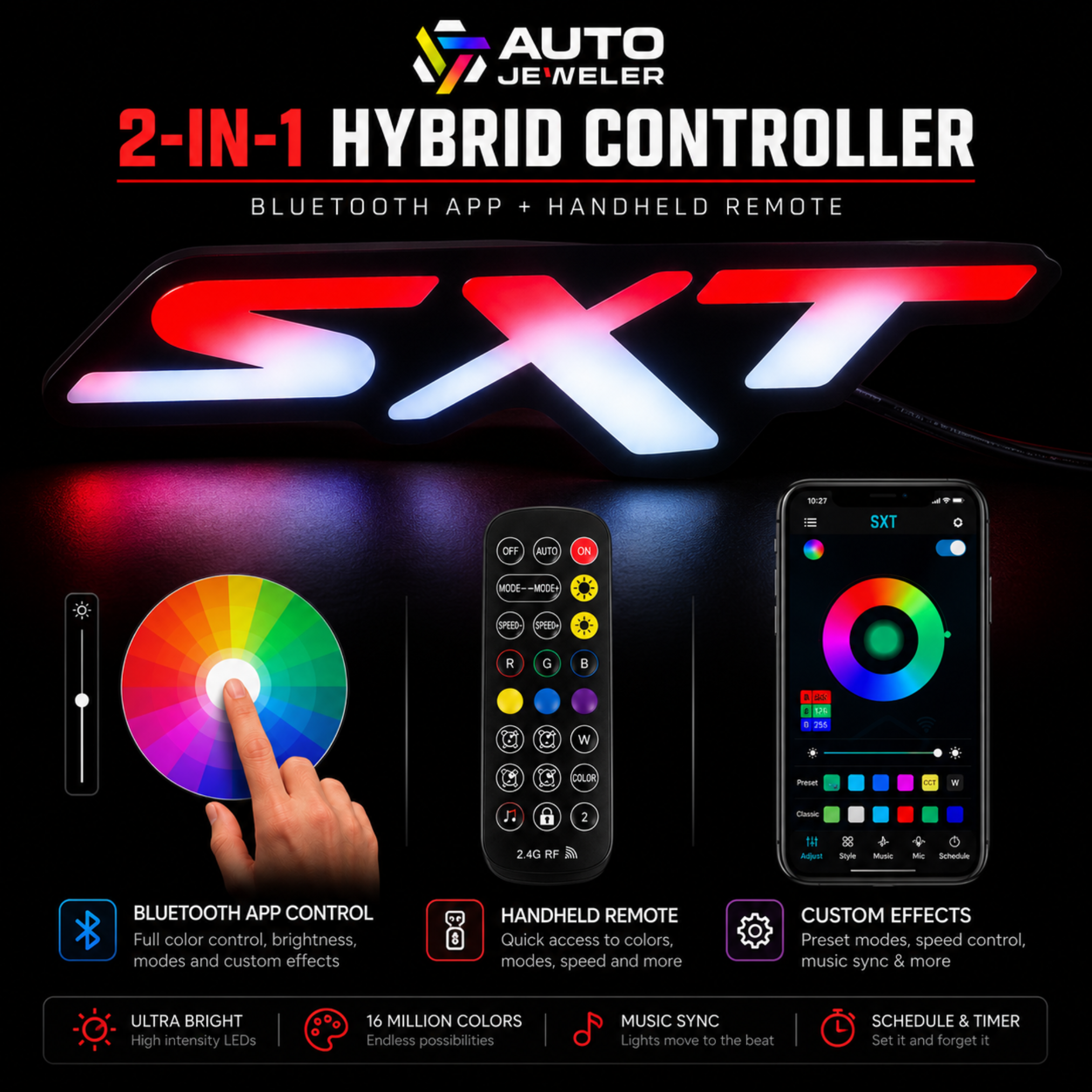 Dodge SXT LED emblem with 2-in-1 hybrid controller featuring Bluetooth app control and handheld remote