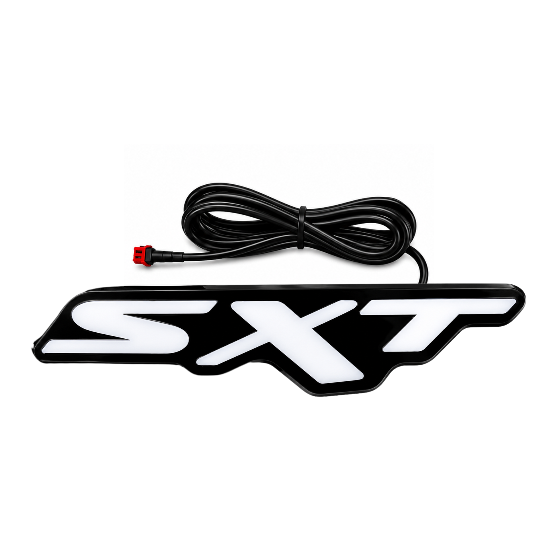 Dodge SXT LED grille emblem with black housing, white face and attached power cable on a white background.