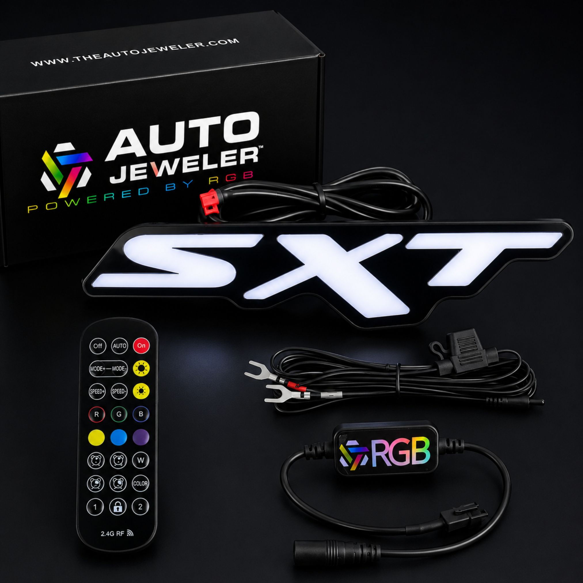 Dodge SXT RGB Flow Series LED grille emblem kit with controller, handheld remote, wiring harness and AutoJeweler packaging