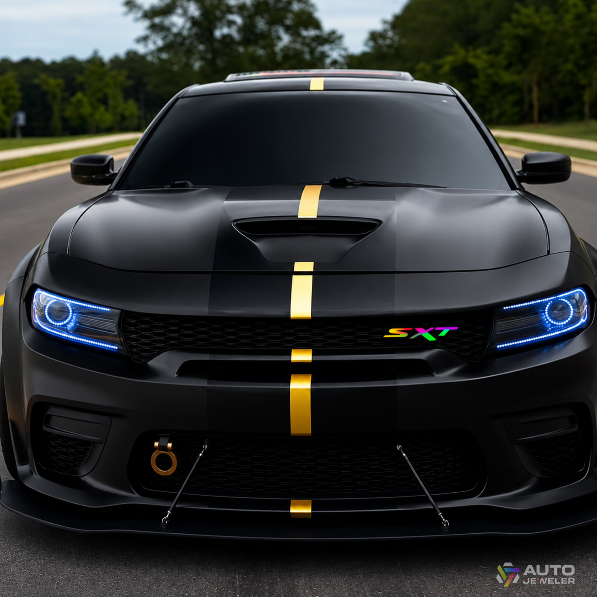 Dodge SXT RGB LED grille emblem shown installed on the grille of a black Dodge Charger with gold racing stripe.
