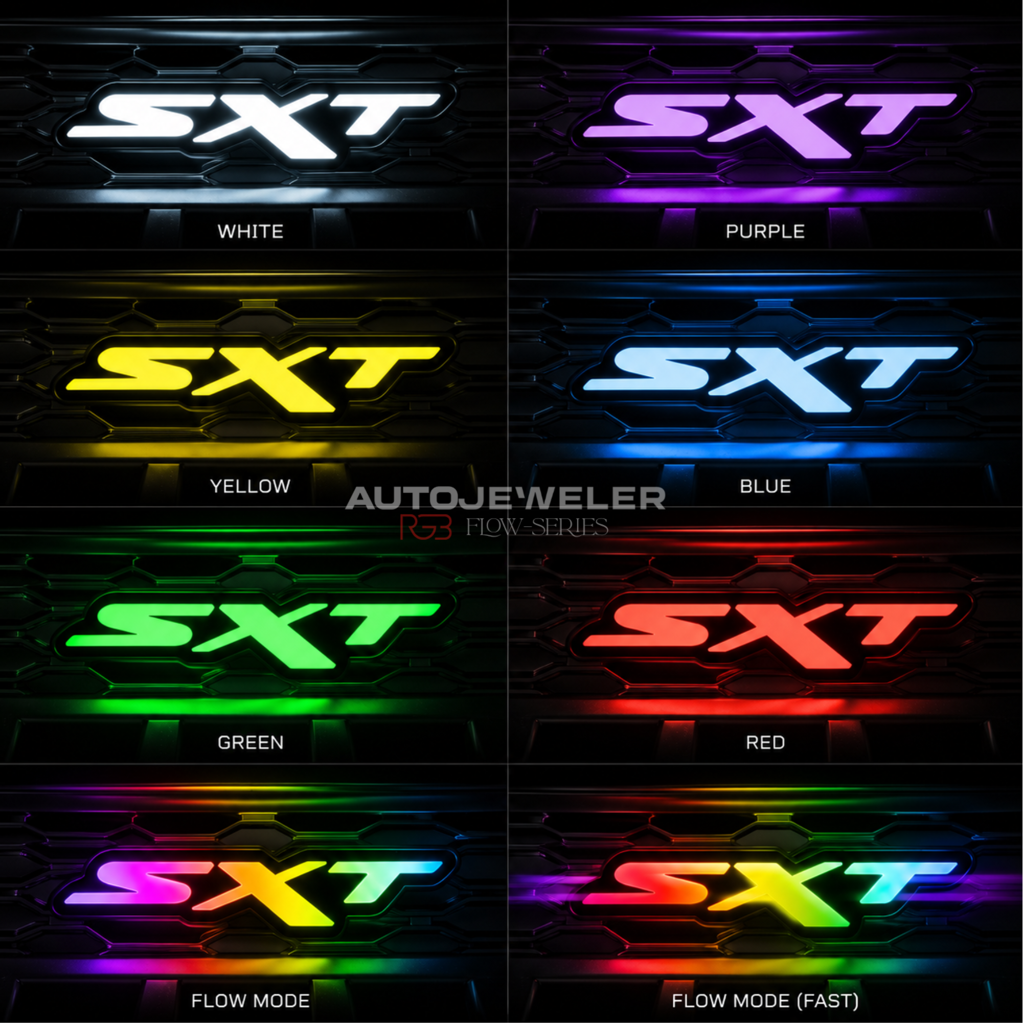 Dodge SXT RGB LED grille emblem illuminated in white, purple, yellow, blue, green, red and multicolor flow modes.