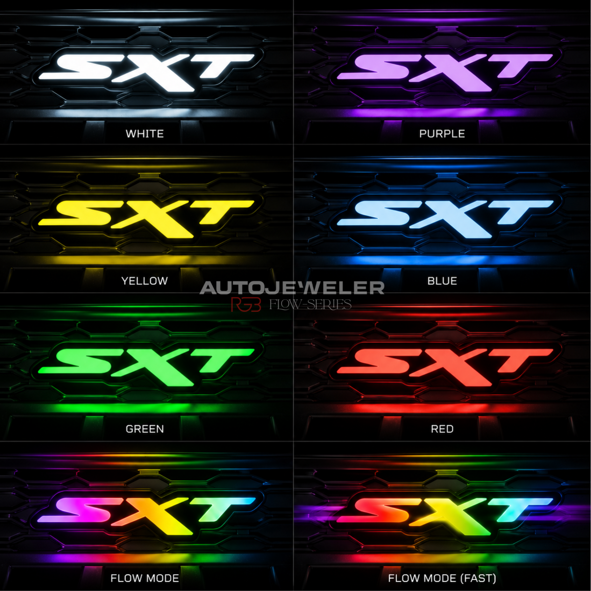 Dodge SXT RGB LED grille emblem illuminated in white, purple, yellow, blue, green, red and multicolor flow modes.