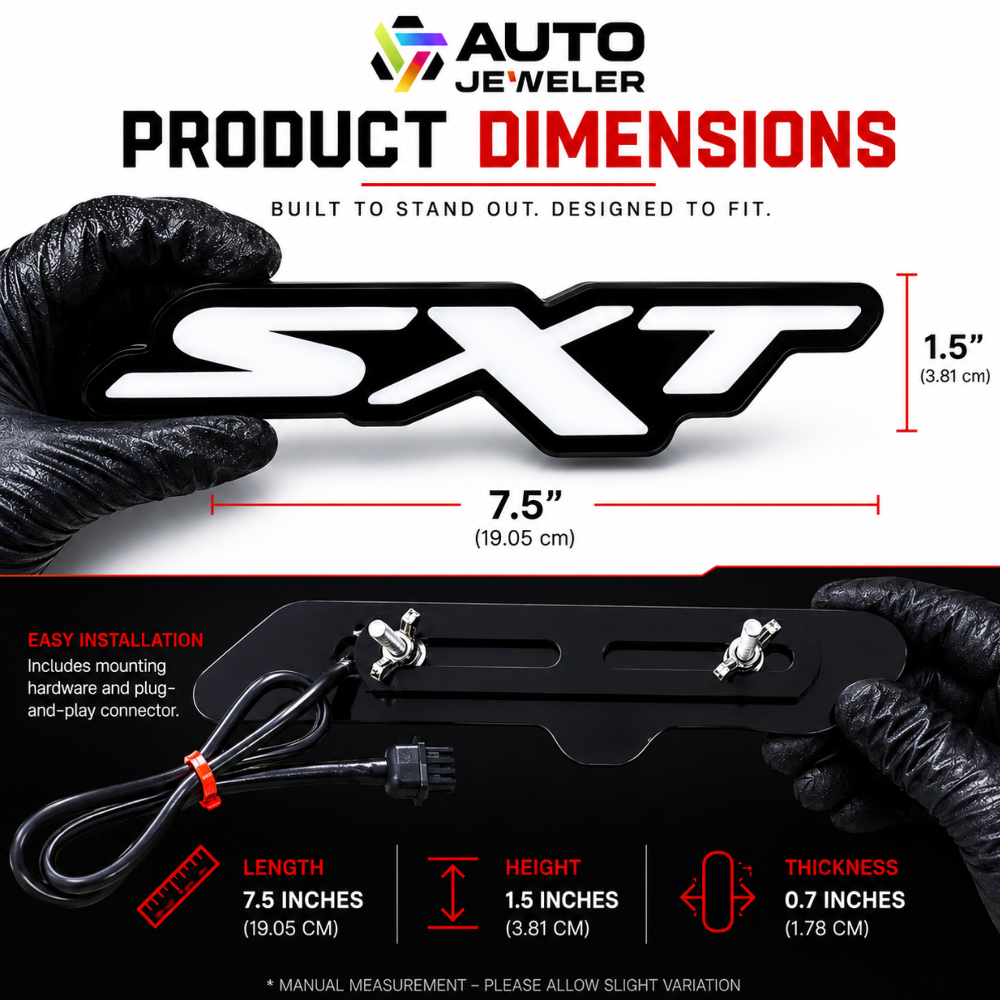 Dodge SXT RGB LED grille emblem dimensions showing 7.5-inch length, 1.5-inch height and adjustable mounting bracket.