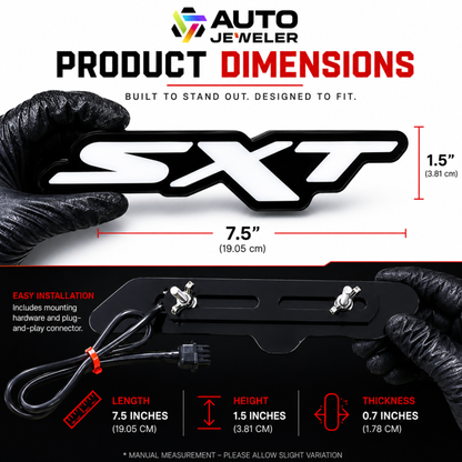 Dodge SXT RGB LED grille emblem dimensions showing 7.5-inch length, 1.5-inch height and adjustable mounting bracket.