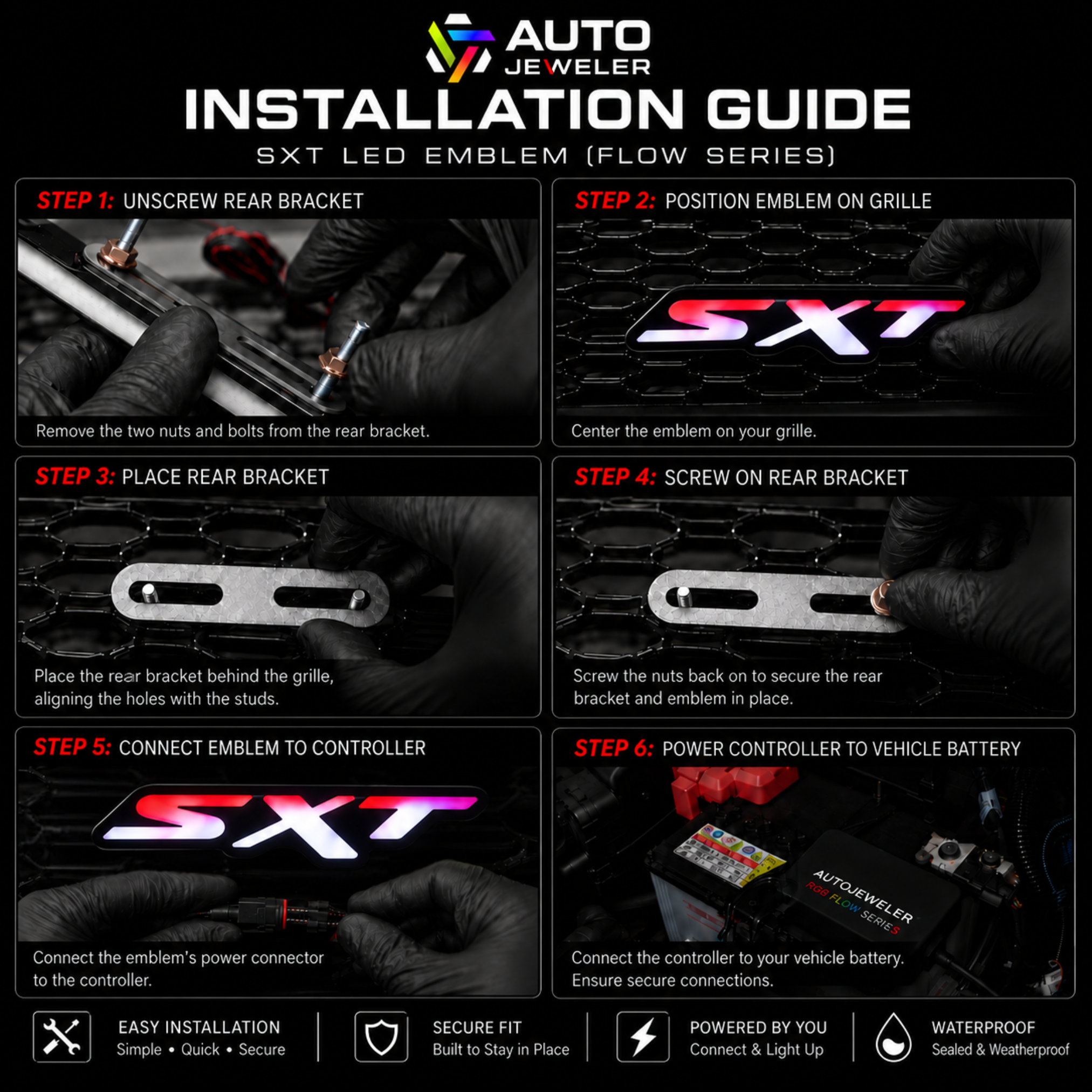 Six-step installation guide for mounting and wiring the Dodge SXT RGB Flow Series LED grille emblem.
