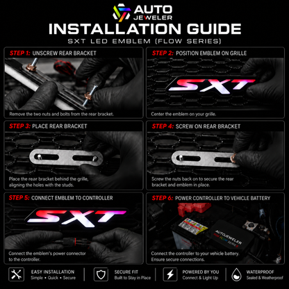 Six-step installation guide for mounting and wiring the Dodge SXT RGB Flow Series LED grille emblem.