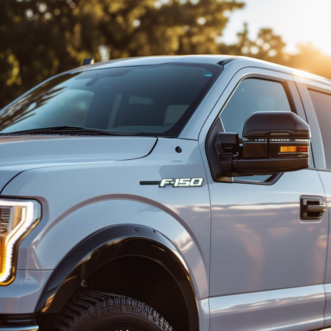 Gloss black F-150 LED fender emblem installed on a silver Ford F-150 truck, photographed in daylight with a warm sunset background.