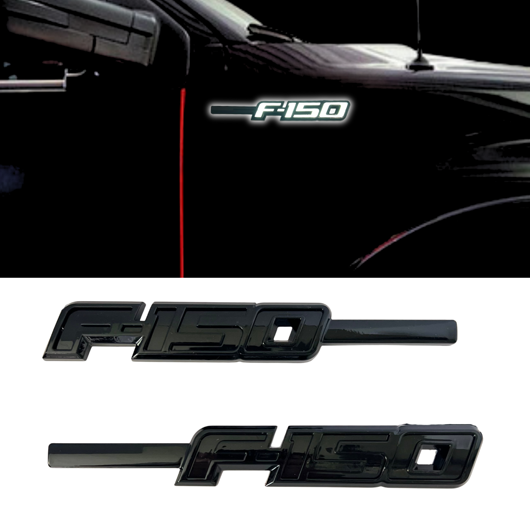 Gloss black F-150 LED fender emblem illuminated at night on a black truck, with close-up daytime view of emblem set.