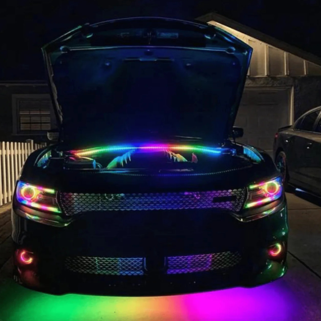 Flow Series LED engine bay lighting kit glowing blue under the hood