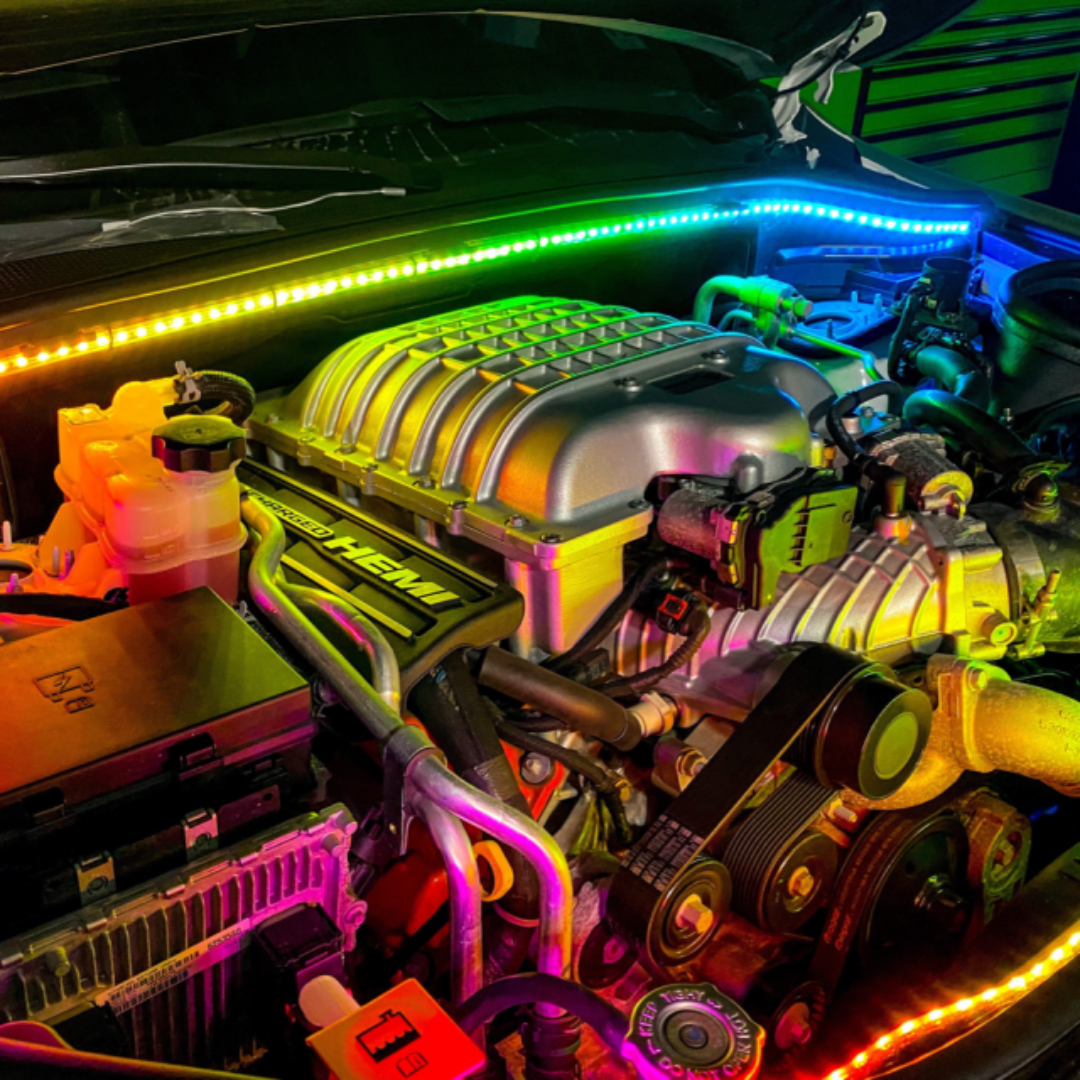 Flow Series LED engine bay lighting kit showing green lighting effect