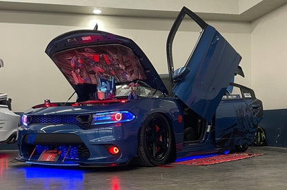 Flow Series RGB engine bay lighting kit installed on vehicle in garage with hood open